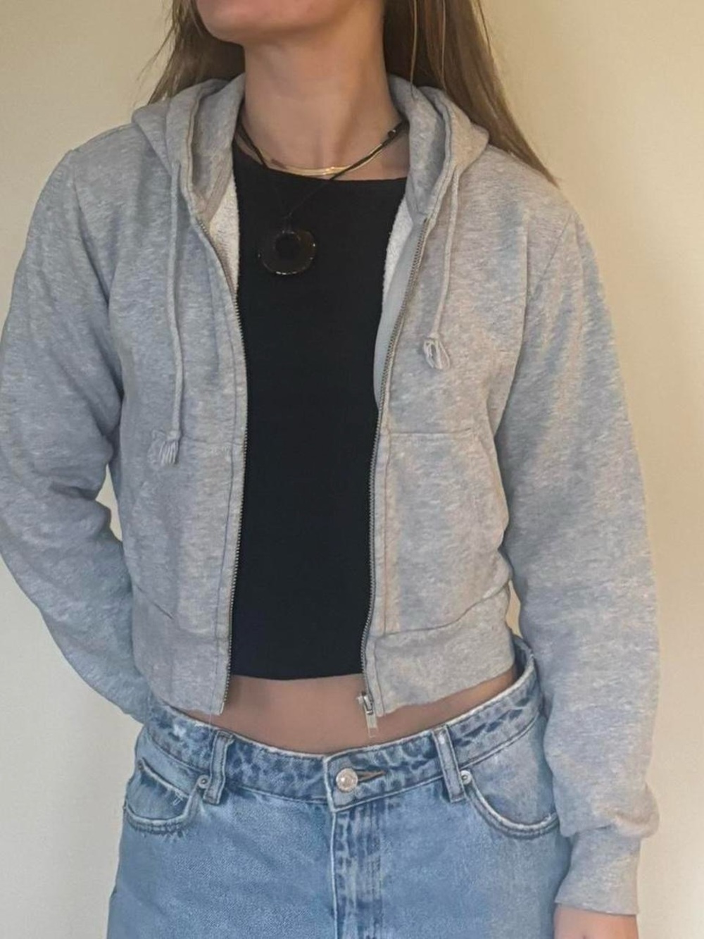 Brandy Melville Grey Zip-Up Hooded Sweatshirt
